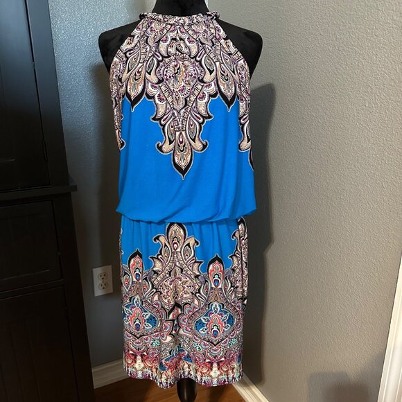 Maggy L Blue Paisley Halter Dress Size 6 Sleeveless Keyhole Back Boho Cocktail - Picture 1 of 8